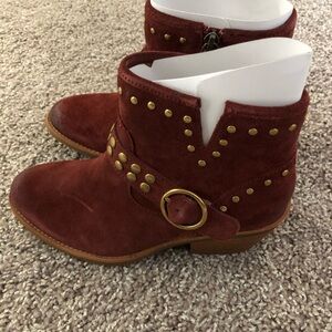 Sofft Burgundy Suede Ankle Boots with Gold Accents